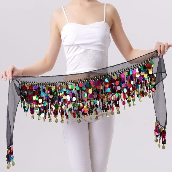Women Black&Colorful Coin Hip Scarf Skirt Wrap Performance Belly Dance Costume - Picture 2 of 5